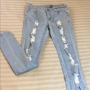 Distressed blue jeans